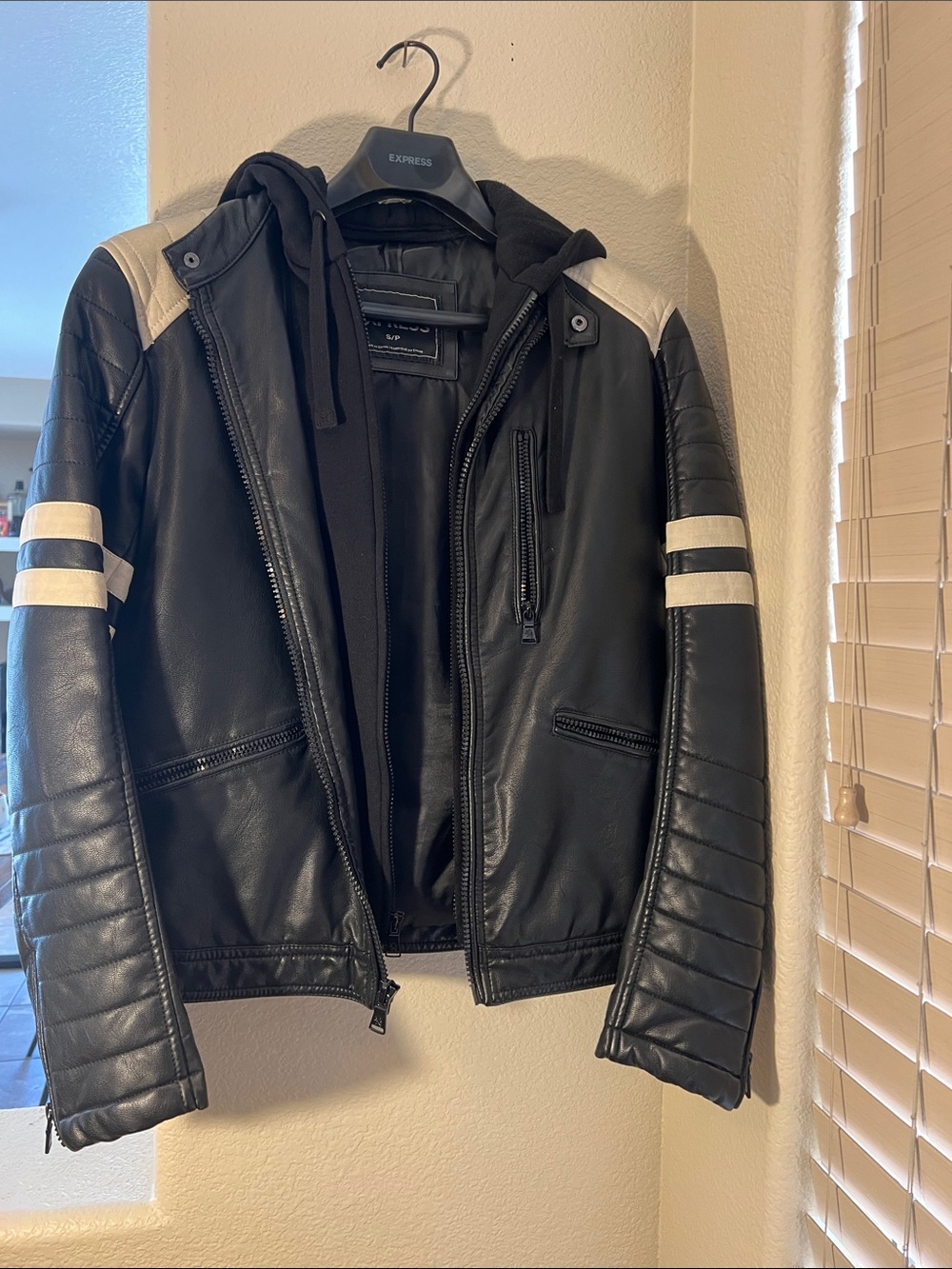Express Black Leather Bomber Jacket with White Stripe Accents
